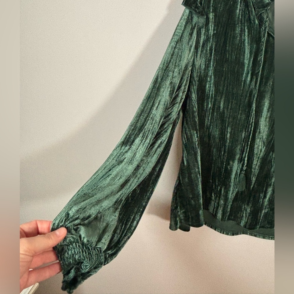 Wonderly Emerald Green Velvet Ruffle Blouse L Women’s Long Sleeve Holiday Top - Picture 4 of 11